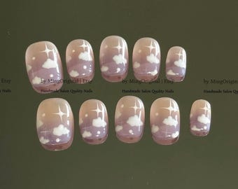 Uñas postizas de cielo estrellado, uñas de nube morada ombré, uñas postizas celestiales de ensueño, uñas adhesivas galácticas hechas a mano, MO820