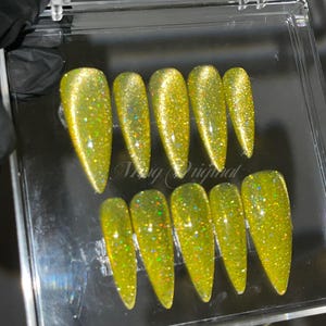 Yellow holo magnetic cat eye press on nails, semitransparent reuse nails, diamond reflective glitter fake nail