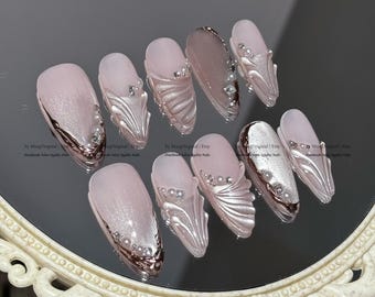 Luxus Meerjungfrau Press-On Nägel, handgefertigte rosa 3D Juwel Nail Art mit Perlen und Strass, MO781