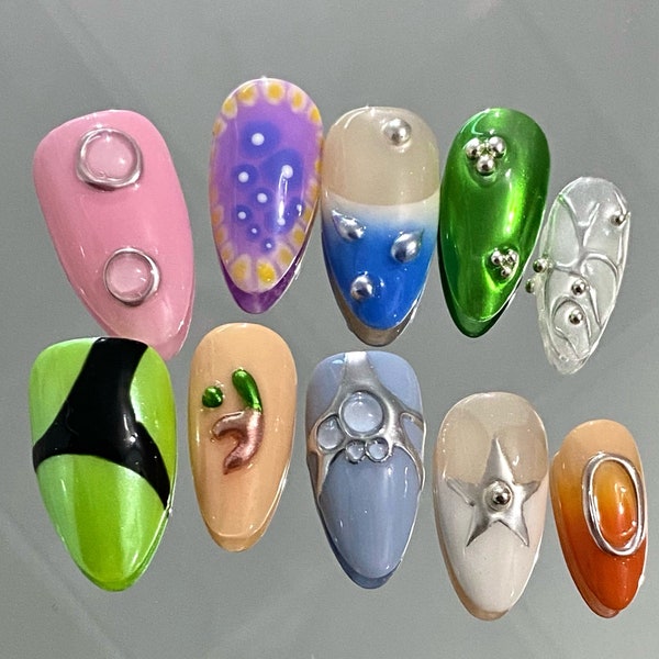 Free Style Summer Color Gothic press on nails, Y2K, ombre color, 3d nail, Chrome, French tip,hand painted candy color nail