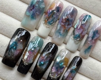 Iridescent Sea Shell Press-On Nails, Handmade Long Nail Art with Glitter, Multicolor Marble Aurora Shimmer, Reusable False Nails,MO731