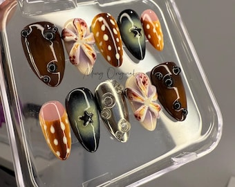 Rainforest vibe Whimsical trippy Flower and Sika deer Press on Nails, free style French glue on Nails, birthday holiday gift for her, MO421