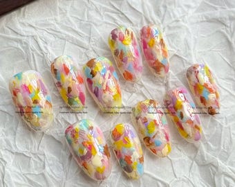 Hand painted abstract nails, colorful oil painting press ons, vibrant graffiti art fake nails, artistic boutique manicure gift, MO1007