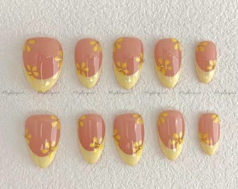 Yellow little flower press on Nail, yellow french tip glue on nail, Holiday Fake Nails, spring summer nail, holiday gifts for Her, MO589