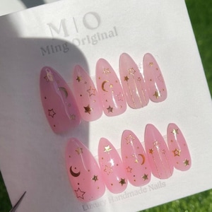 Reusable Pink Sailor moon acrylic & press on nail, Premium Hand paint Nails, Fake nails, Nail Artist Faux Nails, Handmade Gel Nails