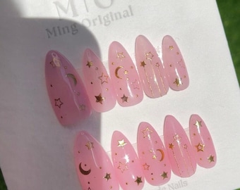 Unghie acriliche e finte riutilizzabili rosa Sailor Moon, unghie dipinte a mano di alta qualità, unghie finte, unghie finte per nail artist, unghie in gel fatte a mano