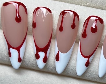 French Drip Halloween Spooky nail bloody press on nail, fake bleeding nail, horror nail, ghost nail, red blood vampire nail,