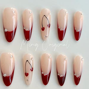 Summer Red 3d Cherry Nail,  Fruit Lover press on nails, Burgundy French Tip, Holiday Fake Nails, Gifts for Her
