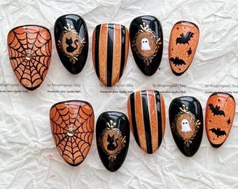 Halloween vibe press on nails, bat spider theme orange cat eye base, pumpkin color spooky season sparkling Gothic nail art, MO1231