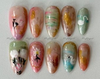 Ölgemälde Blumen Romantische Kunst Press On Nails, handgemalte Blumen und Gänsenagelkunst, Vintage Goldrahmen abstraktes Design, MO501