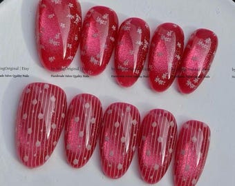 Cherry Red Cat Eye Press on Nails, Shimmer Polka Dots Lace Flower Fake Nails with Polka Dots, MO1217