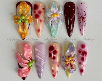 Uñas postizas con flores esculpidas en 3D, estilo libre, diseño floral tropical Fairycore, uñas postizas, uñas artísticas, regalo para ella, MO260