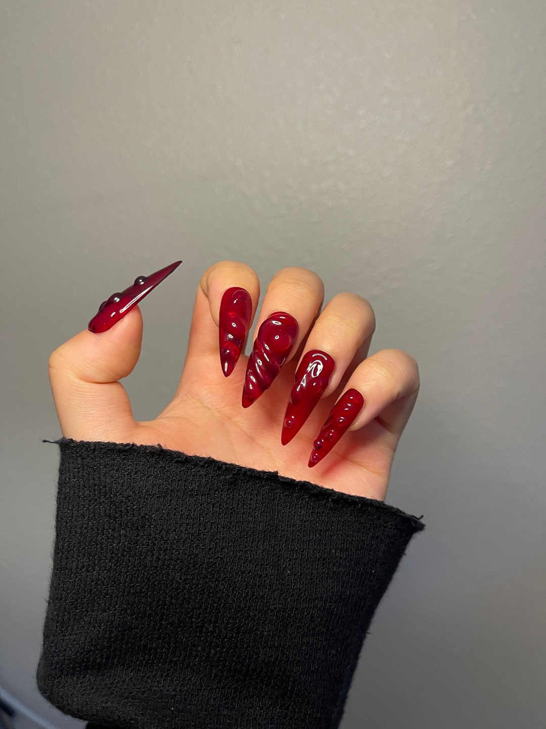 3D Y2K Red Bloody Press on Nails, Semitransparent Halloween Vampires Reusable Nail, Jelly Fake