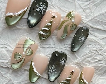 Christmas Tree Nails, Handmade Green Ribbon Snowflakes Press On Nails, Vintage Holiday Fake Nails,MO1202
