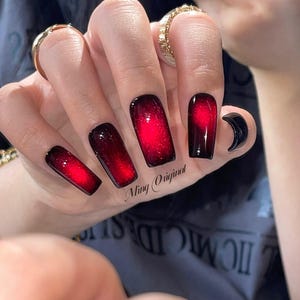 Da Vampire| red cat eye press on nails, black nails, reuse nails, jelly fake nail, glitter shine gel nail