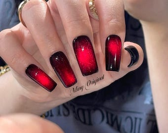 Uñas postizas Da Vampire/ojo de gato rojo, uñas negras, uñas reutilizables, uñas postizas de gelatina, uñas de gel con brillo.