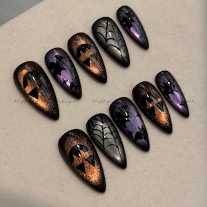 Halloween vibe press on nails, joker bat spider theme black cat eye base, pumpkin color spooky season sparkling Gothic nail art, MO626