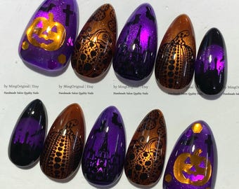 Halloween Pumpkin Nails, Handmade Purple Cat Eye Castle Press On Nails, Gothic Holiday Fake Nails, MO1218