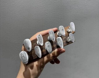 Silver Cat Eye Glittery free style Chrome French Tip Nail press on, Y2K Star Pearl Glittery Jelly Fake nails, Luxury Handmade Nails