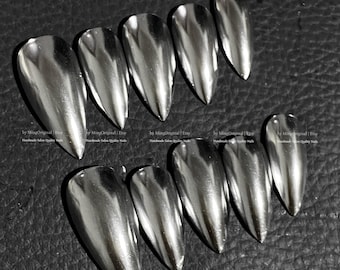 Silber Spiegel Chrom Presse auf den Nägeln, edle metallische handbemalte künstliche Nägel, Kleber auf den Nagel, Urlaub Geburtstagsgeschenk für sie MO991
