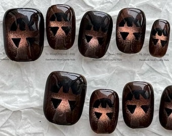Halloween vibe press on nails, Jack-o’-lantern black cat eye base, pumpkin color spooky season sparkling Gothic nail art, MO1206