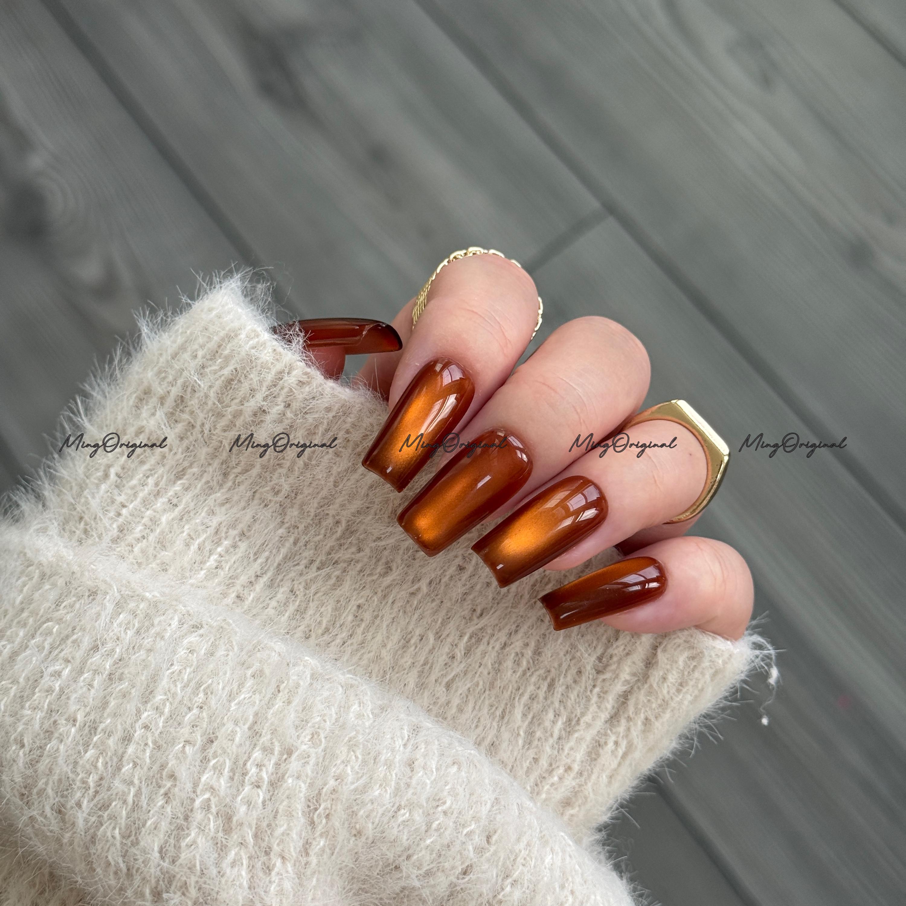 Da Amber Press on Nails, Amber Cat Eye Nail, Brown Nails, Reuse