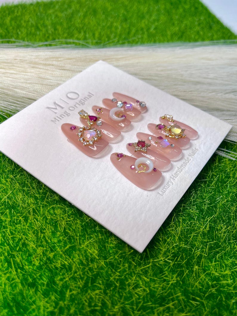 Reusable Sailor moon press on nail, Premium Hand paint Nails, Fake nails, Nail Artist Faux Nails, Handmade Gel Nails, pink rhinestone nail image 3