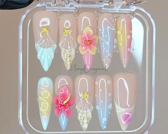 Coastal Bloom Summer Press On Nails, 3D Flowers & Paste Gradient Beachy Mermaid Vibes, Handmade gift for her, MO470