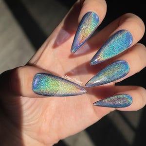 Blue Rainbow Cat Eye Holographic Magnetic Cotton Candy, sparkly translucent press on nails, reuse nails, jelly fake nail, gift for her