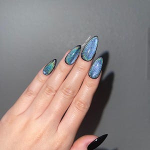 Black Rainbow Cat Eye Holographic Magnetic Cotton Candy, Acrylic & press on nails, reuse nails, jelly fake nail, sparkly Christmas nail