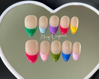 French tip arcobaleno, unghie finte premium color caramella dipinte a mano, unghie estive, regalo di compleanno per lei durante le vacanze di Natale, MO319