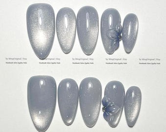 Blue cat eye nails, 3d flower press ons, grey velvet fake nails, floral crystal boutique, MO1060