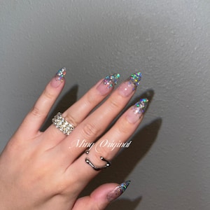 Classic ombre holographic glitter Press on Nails, French Tip, Gradient sequins Jelly Nails, valentine anniversary gift