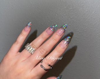 Classic ombre holographic glitter Press on Nails, French Tip, Gradient sequins Jelly Nails, valentine anniversary gift