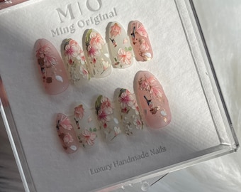 Reusable Pink sakura flower nail, bird nail, Premium Press on Nails, Fake nails, Nail Artist Faux Nails, Handmade gel art Nails, Matte Nails