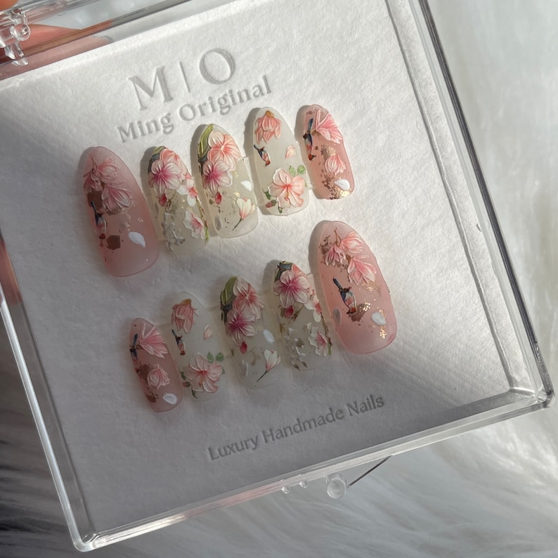 Reusable Pink Sakura Flower Nail Bird Nail Premium Press on - Etsy