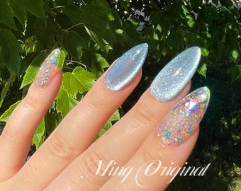 Uñas postizas de ojo de gato azul con brillo brillante, uñas postizas adhesivas, uñas reutilizables, uñas postizas de gelatina, uñas de gel con brillo.