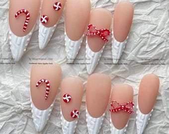 Christmas Candy Nails, Handmade 3D Sweater Peppermint Press On Nails, Holiday Matte Fake Nails, MO1199