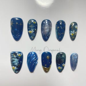 Oljemålning Midnattspräst med glittrande stjärnor, tryck på nageln, Mysterieblå och guld, 3D-virvelsjöjungfru, bröllopspresent till henne, MO457