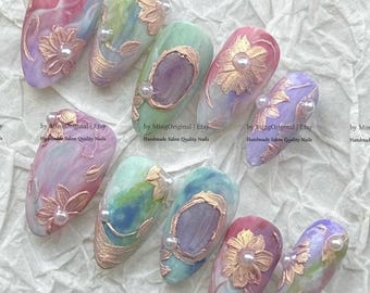 Floral Press on Nails with Rose Gold Relief and Pastel Watercolor Marble, Pink Oil Painting Fake Nails with Monet Flowers, MO1172