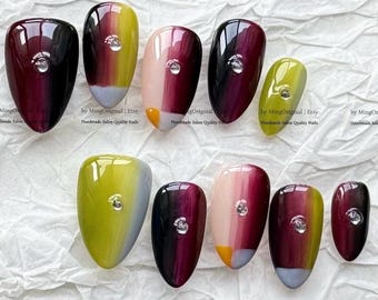 Free style funky blue hue aura airbrush press on nails,ombre color matching, blue tone blush nail, abstract french nail, gift for her,MO1215