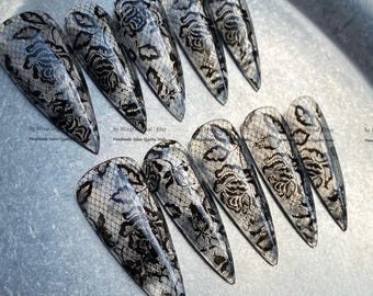 Black lace flower press on nail, wedding nail, glue on nail, reuse nail, fake nail, holiday trending nail, MO1227