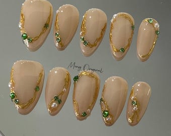 Gold chrome detail jewel Nail press on, free style Metallic fake nail with emerald rhinestone, Luxury Handmade Nails, gift for her, MO404