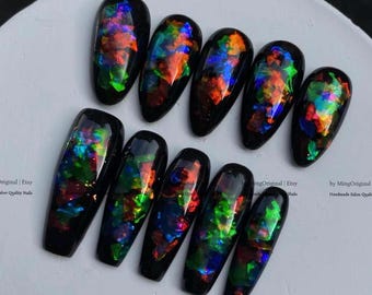 Rainbow Glitter Flake Press-On Nails, Black Galaxy Glitter Fake Nails, Holographic Disco Reusable Manicure, MO1216