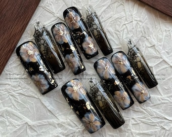 Gothic Black Floral Press On Nails, Luxury Lace Nail Art with Gold Foil, Dark Academia Fake Nails, Handmade Nails, Witchy Aesthetic, MO818