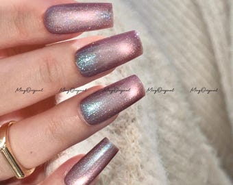 Uñas postizas iridiscentes moradas con efecto ojo de gato, uñas azules con purpurina, uñas postizas de gelatina, uñas brillantes, uñas reutilizables, uñas postizas, MO742