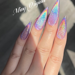 Purple Rainbow Cat Eye Holographic Magnetic Cotton Candy, Sparkly Translucent press on nails, reuse nails, jelly fake nail, gift for her