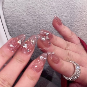 Diamond reflective glitter press on nail, chocolate gel nail, gemstone Fake nails, rhinestone decal bling nail