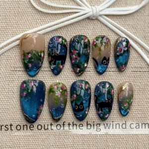 Blue cat eye nails, black cat press on nails, 3d gel waterdrop fake nails, hand painted forest gel tips, gold chrome garden,MO1070