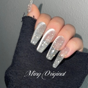 Classic diamond reflective Silver crystal cat eye Press on Nails, Jelly Nails, valentine anniversary gift for her